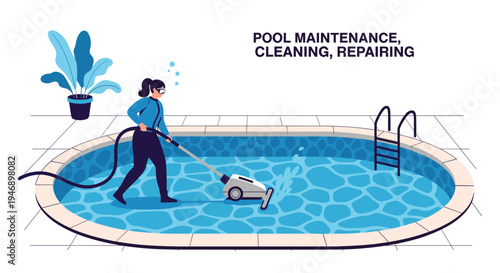 Professional pool cleaner in blue uniform using specialized vacuum equipment to clean the bottom of outdoor swimming pool.