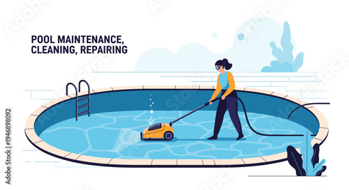 Female worker in uniform cleaning bottom of backyard swimming pool with underwater vacuum cleaner for maintenance service.