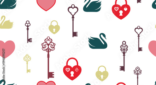 Romantic seamless pattern with swans heart shaped locks antique keys and hearts in pink teal and gold colors for love theme.