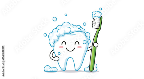 Happy cartoon tooth covered in toothpaste bubbles holding a green toothbrush for dental health and oral hygiene promotion.