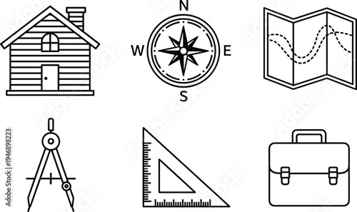 Travel navigation icons set, compass map house and tools line illustration, adventure exploration navigation symbols vector collection