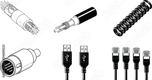 Electrical cable connectors USB plugs ethernet connectors spring and multi core wires vector icon set isolated on white background