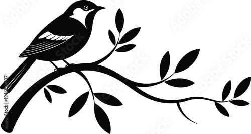 Elegant bird silhouette perched on curved leafy branch, black and white decorative nature illustration for design, art, wildlife, and creative concepts