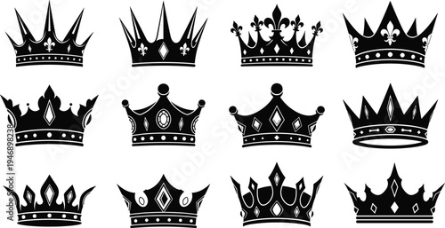 Elegant black crown silhouette collection featuring royal headwear designs with fleur-de-lis, diamonds, circles, and ornamental decorative vector illustration