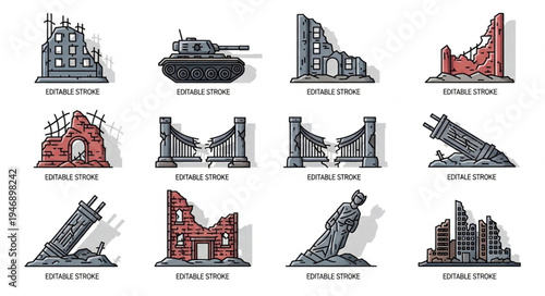 Collection of War and Destruction Icons Depicting Ruined Buildings, Tank, and Fallen Statue.