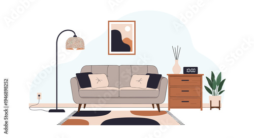 Modern living room interior featuring a grey sofa with pillows stylish floor lamp wooden dresser and potted plant against blue wall.