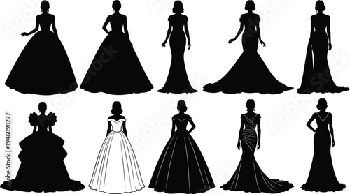 Elegant collection of ten formal dress silhouettes featuring ball gowns, mermaid cuts, off-shoulder styles, fitted bodices, diverse fashion inspiration