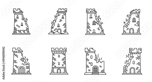 Ruined Castle Towers - Architectural Sketches of Medieval Fortifications.