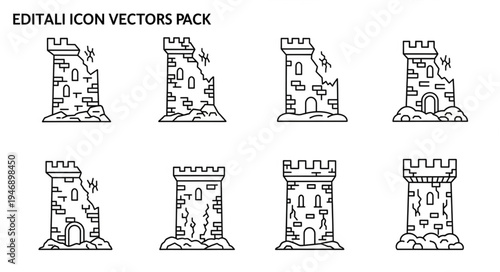 Ruined Castle Tower Vector Icons Pack for Game Design.
