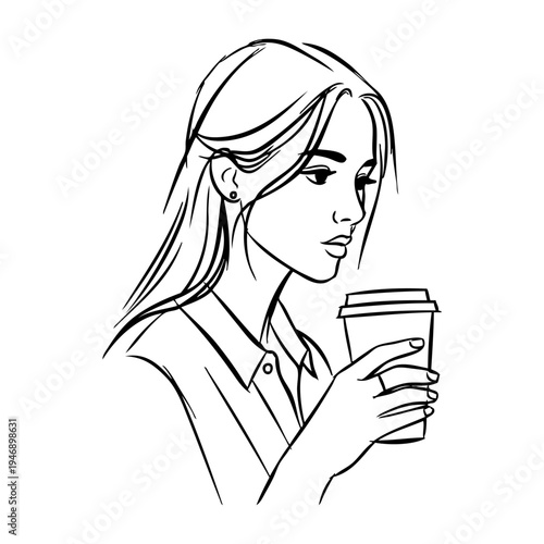 Dibujo sencillo con líneas de una mujer de pie con ropa informal sujetando un vaso de papel con café con la mano 