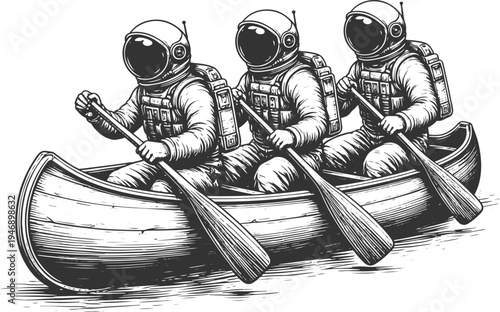 Astronauts rowing canoe vintage engraving space adventure vector illustration