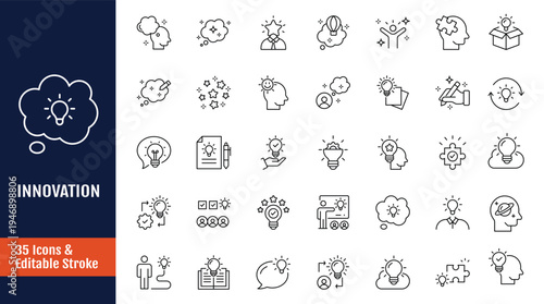 Innovation icon set. Includes creativity, invention, prototype, Design Thinking, Brainstorm, visionary, revolution and more. Outline icon with Editable stroke. Vector illustration