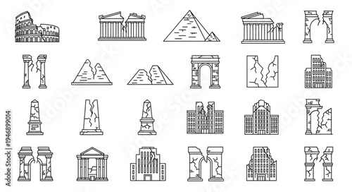 Collection of Ancient Architectural Landmarks and Ruins in Sketch Style.
