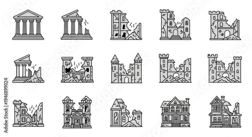 Collection of Ruined Buildings and Structures in Hand-Drawn Style.