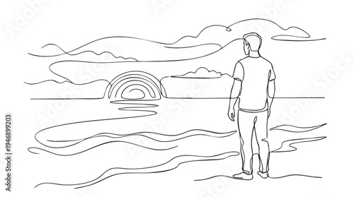 A minimalist one-line drawing depicts a man standing on a shore watching a stylized, arched sunset over the water, conveying a sense of peace and contemplation.