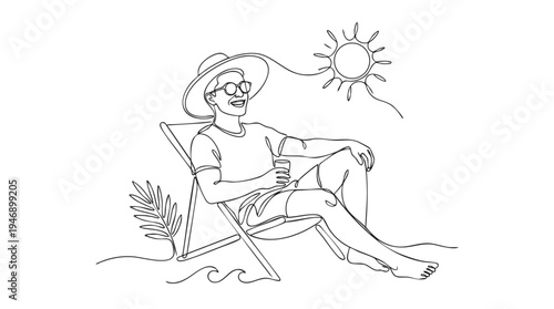 A man in a wide-brimmed hat and sunglasses relaxes on a beach chair with a drink, enjoying the sun and gentle waves in a minimalist line art style.