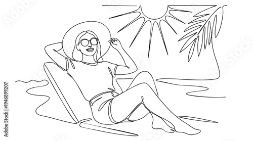 A minimalist line drawing shows a happy woman in a hat and sunglasses lounging on a beach chair under a stylized sun and palm frond.