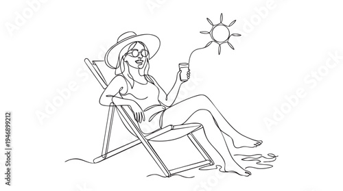 This minimalist single-line drawing depicts a woman in a sun hat and sunglasses relaxing in a beach chair, holding a drink with the sun overhead.