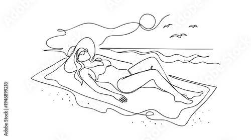 A minimalist one-line drawing depicts a woman wearing a hat and swimsuit, relaxing on a towel at the beach with the ocean and sun in the background.