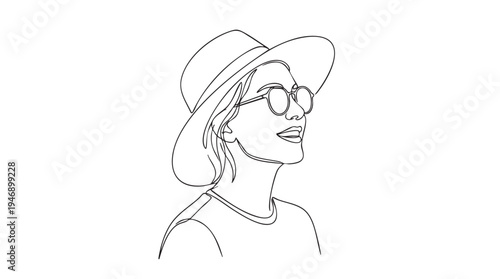 A minimalist line drawing of a smiling woman wearing a wide-brimmed hat and round sunglasses, conveying a sense of joy and carefree style.
