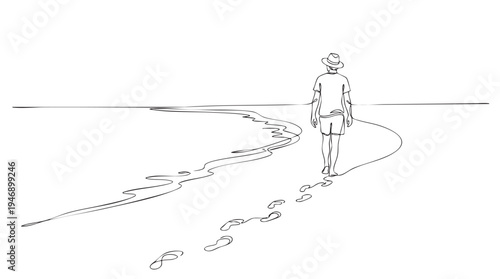 A minimalist line drawing shows a person wearing a hat and shorts walking away from the viewer on a beach, leaving footprints in the sand.