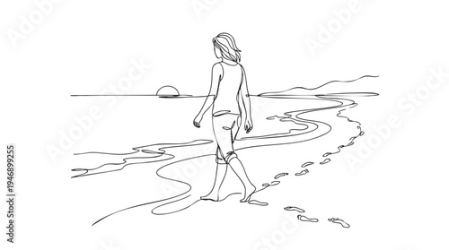 This minimalist black and white line drawing depicts a woman walking barefoot along a beach at sunset, leaving footprints in the sand.