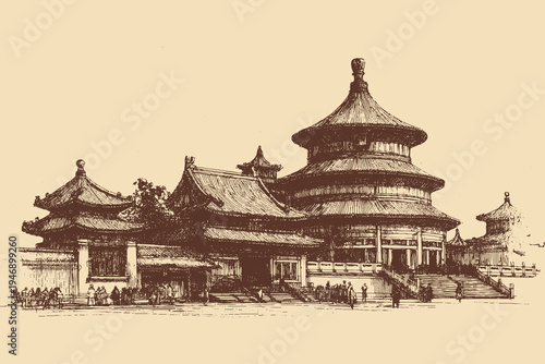 Temple of Heaven, China illustration in a vintage style. This vector illustration can be used in any size you like for advertising, logos, and other work.
