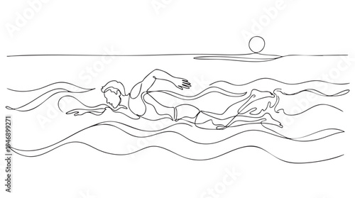 Minimalist line art depicts a person swimming freestyle with dynamic wavy water lines and a subtle horizon, evoking a sense of motion and fluidity.