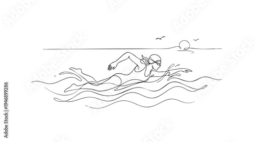 Minimalist line art illustration of a woman swimming freestyle with goggles and swim cap in choppy water with birds and sun in the background.