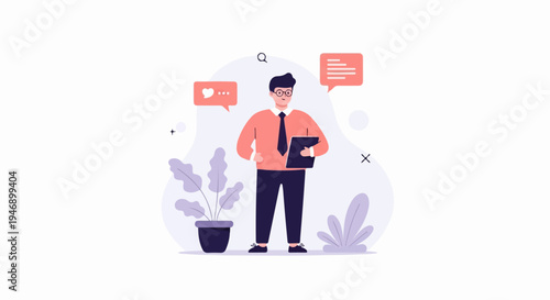 A stylized person in formal attire stands with a clipboard and speech bubbles above