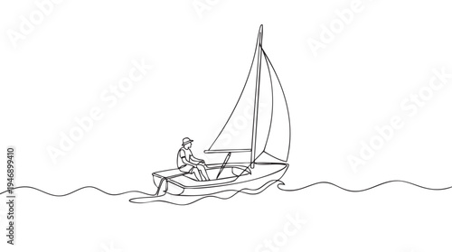 A single line drawing depicts a man wearing a hat sailing a small sailboat on stylized wavy water, evoking a sense of calm and freedom.