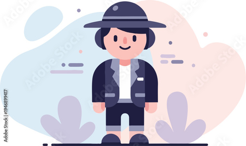 Flat illustration of a smiling person in a hat and jacket against soft, abstract shapes