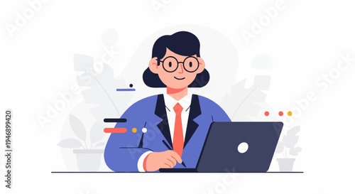 Animated professional woman with glasses wearing a suit, typing on a laptop at a desk