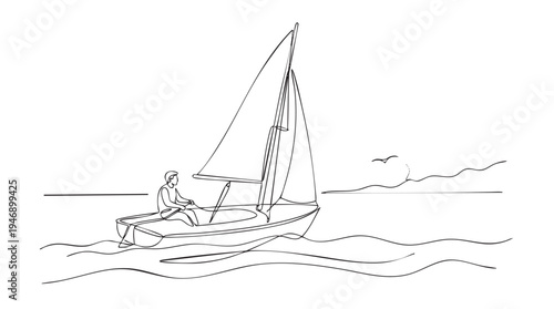 Minimalist black and white line art depicts a person sailing a small sailboat on wavy water with a bird in the distance.
