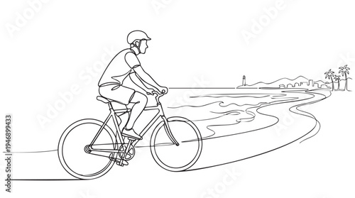 A man in a helmet rides a bicycle along a coastal road with palm trees and a distant city skyline.