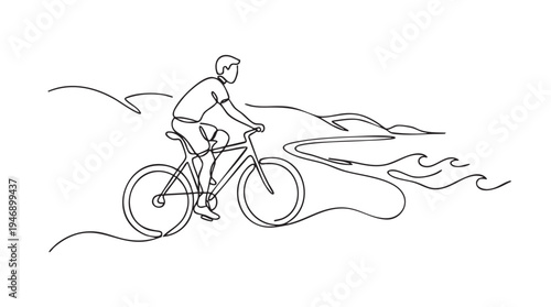 Minimalist single line drawing of a man on a bicycle with abstract landscape elements, conveying freedom and movement.
