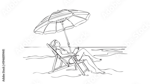 A minimalist line drawing depicts a woman in a swimsuit relaxing in a deck chair on a beach, shaded by an umbrella, with the ocean in the background.