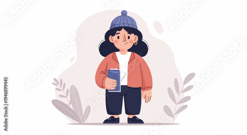 A young person in a blue hat and orange jacket holds a blue book