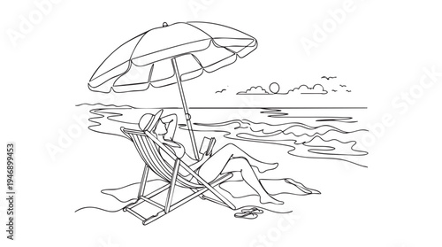 A minimalistic line drawing depicts a woman lounging in a beach chair under an umbrella, reading a book, with the ocean and sun in the background.