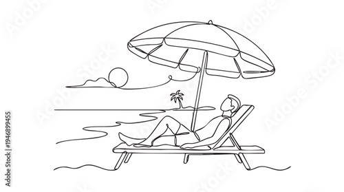 A single line drawing depicts a person lounging on a beach chair under an umbrella, with a tropical island and sun visible in the background.