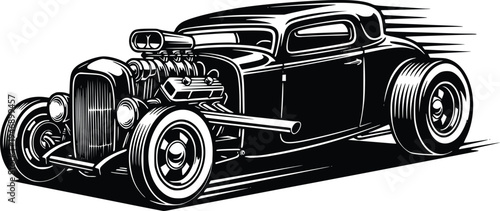 Vintage Hot Rod Coupe with Supercharged Engine Retro Hand Drawn Vector Illustration