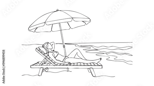 Simple line drawing of a woman in a bikini relaxing on a beach chair under an umbrella with the ocean in the background.