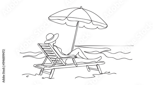 A minimalist line drawing depicts a woman in a hat lounging on a beach chair under a large umbrella, with wavy lines suggesting the ocean.