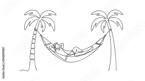 A minimalist line drawing depicts a person lying in a hammock suspended between two palm trees, embodying relaxation and vacation on a white background.
