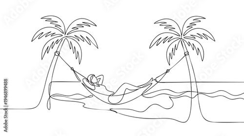 This minimalist line art depicts a person in a hammock enjoying a peaceful moment between two palm trees by the ocean, conveying tranquility and vacation vibes.