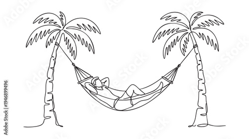 A minimalist line drawing depicts a person enjoying leisure time, lying in a hammock strung between two stylized palm trees, evoking relaxation and vacation vibes.
