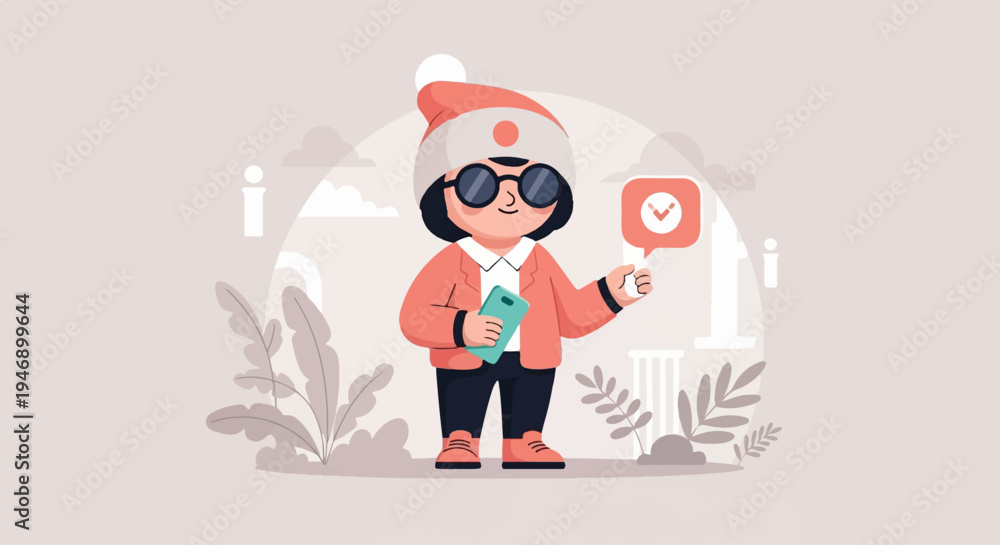 Fototapeta premium Cheerful character with smartphone and positive affirmation icon, surrounded by abstract elements