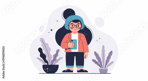 A stylized person with headphones and a phone, surrounded by abstract shapes and plants