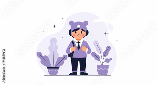 Cheerful child in a bear hat and school uniform, with potted plants on a white background