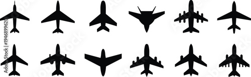 Airplane silhouette collection, aircraft top view, commercial jet military plane cargo aircraft, aviation design reference, aerodynamics study illustration set